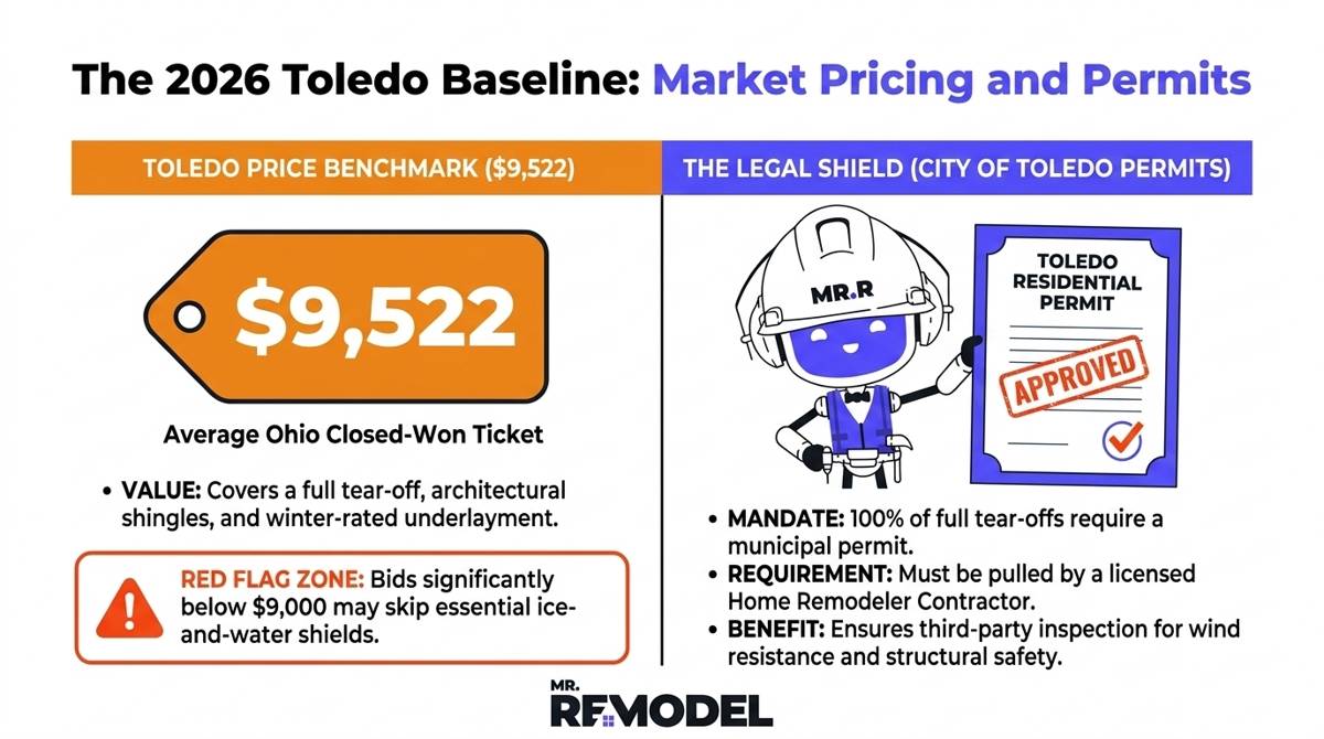A 2026 Toledo roofing cost summary infographic illustrating the $9,522 local price baseline and the mandatory permit requirements for Lucas County homeowners.